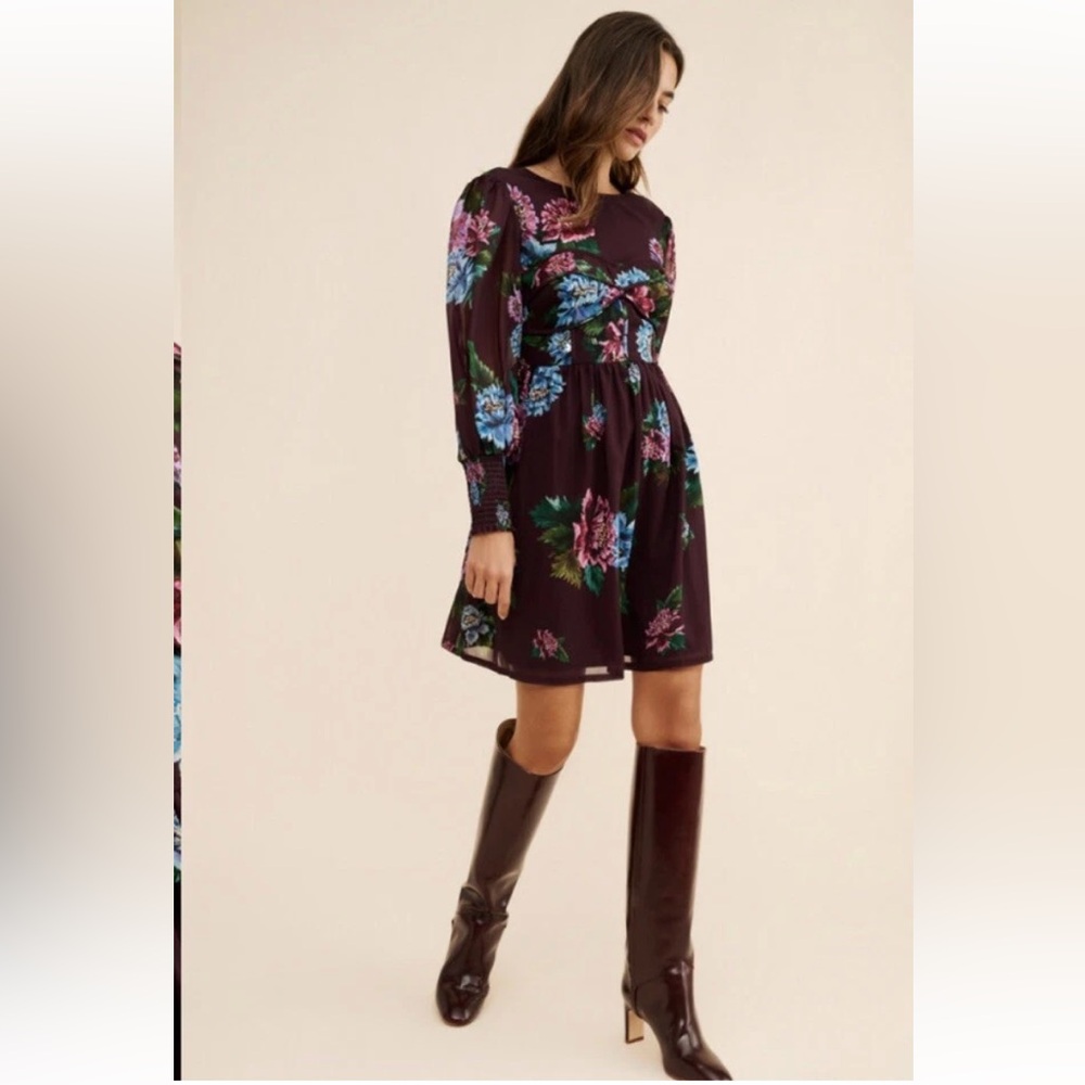 Anthropologie Vineet Bahl Sz Medium Burgundy Floral Long Sleeve Dress